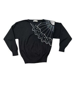 MODES KY XL black batwing crew neck embroidered/embellished spider web sweater